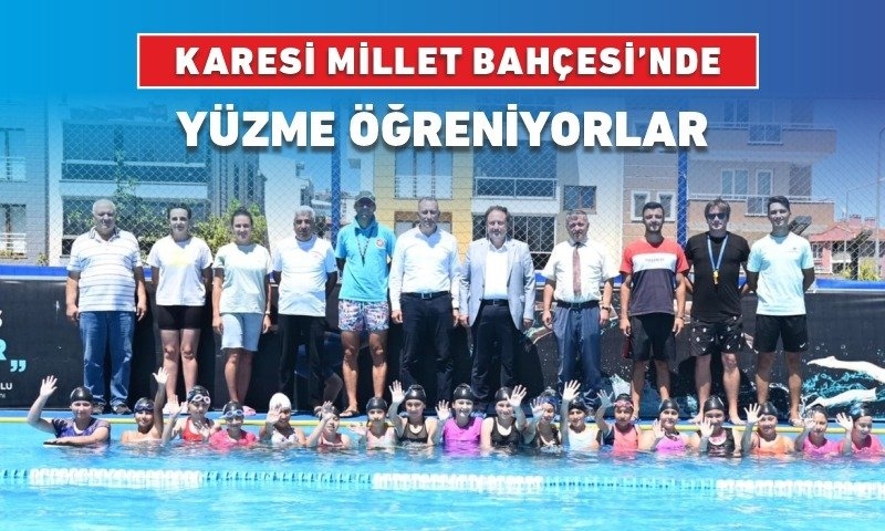 ÇOCUKLAR YÜZMEYİ KARESİ MİLLET BAHÇESİ’NDE ÖĞRENİYOR